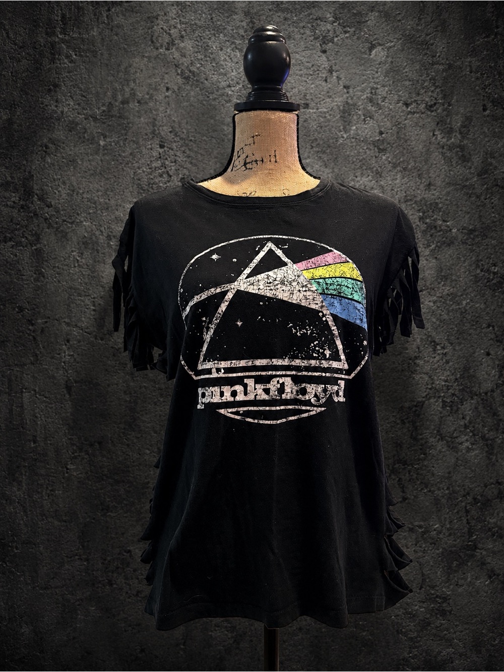 Pink Floyd Black Graphic Tee with Rainbow Prism and Fringe Sleeves